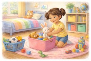 Young girl tidying her room