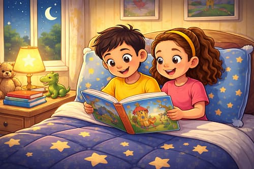 Children reading happily in cozy room