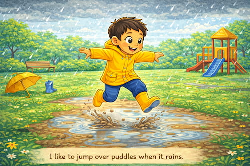 Jumping over puddles on a rainy day