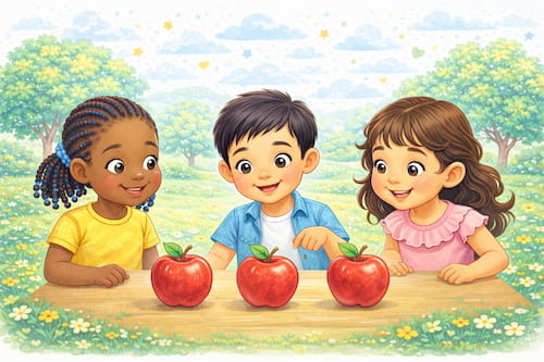 Kids counting apples in a sunny meadow
