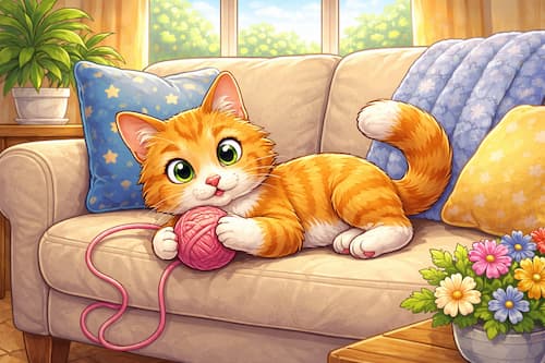 Playful kitty on a comfy sofa