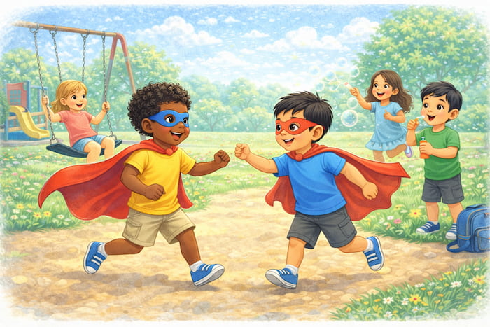 Playing superheroes and chasing bubbles