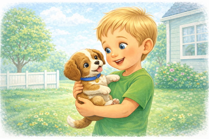 Boy with puppy on a sunny day