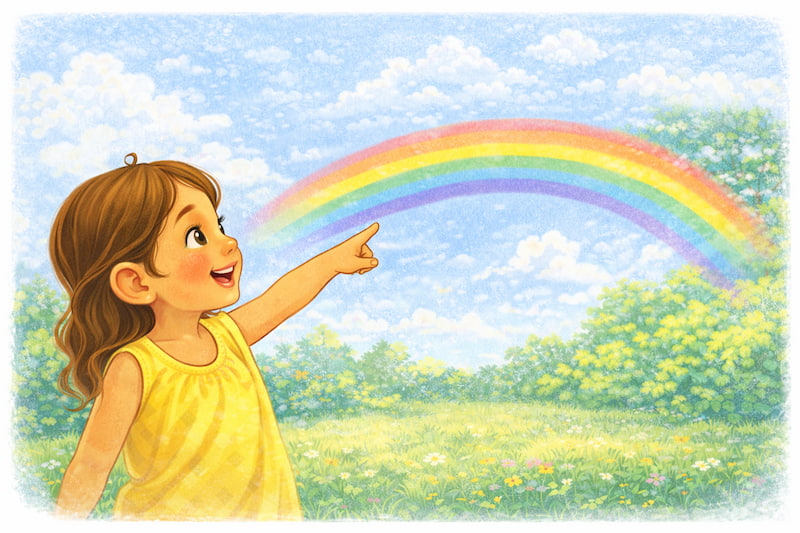 Excited girl pointing at rainbow
