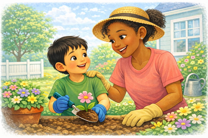 Gardening together in the sunshine