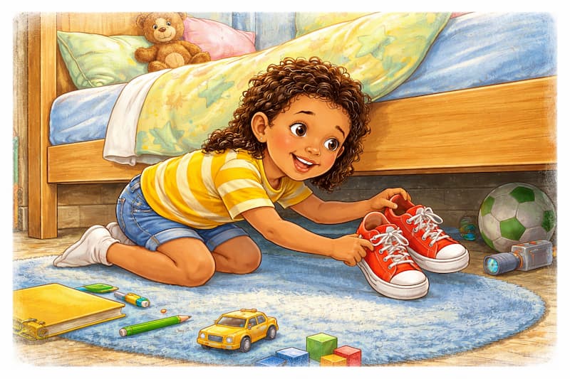 Excited girl discovers her red sneakers