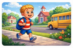 Cheerful morning walk to school