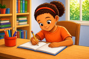 Focused on learning at her desk